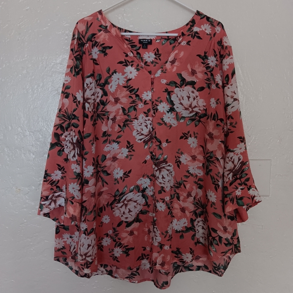 Torrid Harper Coral Floral Challis Button Loop Blouse Plus Sz 2